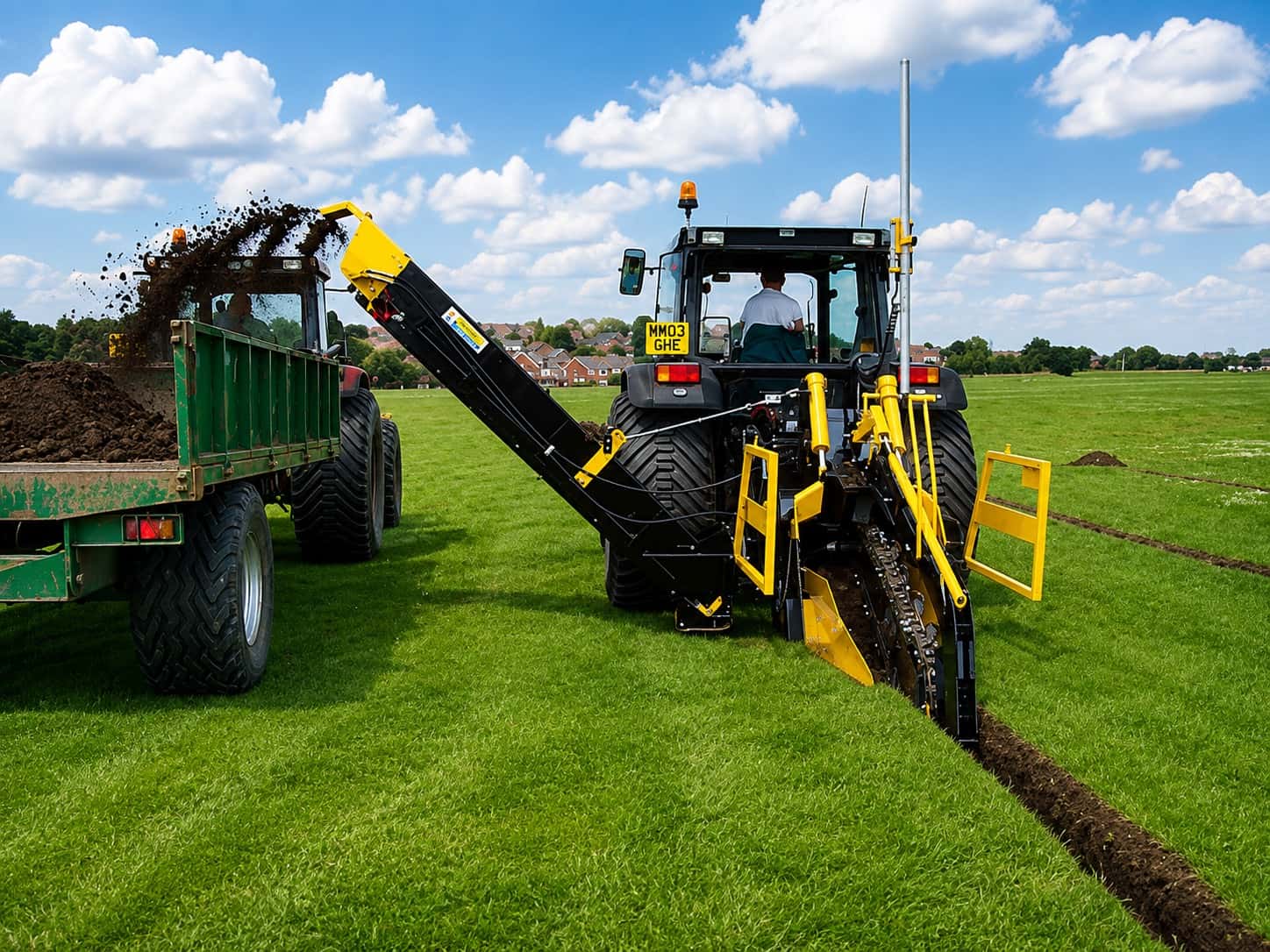 AFT trencher attachment cutting a drainage trench in a field